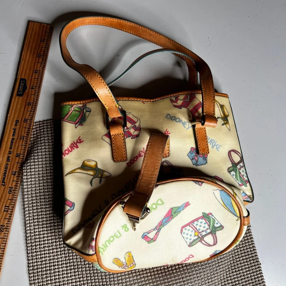 Dooney & Bourke Beach Print Coated Canvas Shoulder Bag Cream Tan Leather Trim